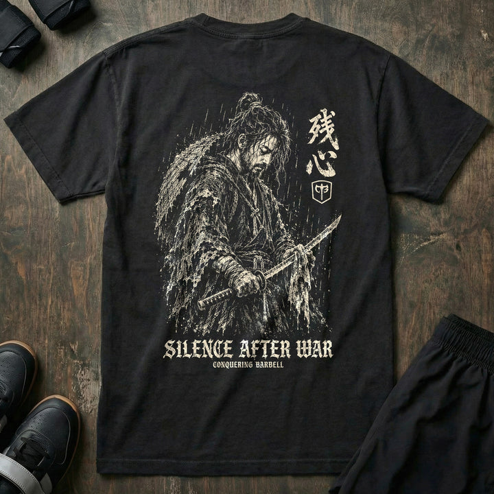 Silence After War - Relaxed Fit Tee back graphic in Black with rain-soaked samurai cleaning his katana - Conquering Barbell