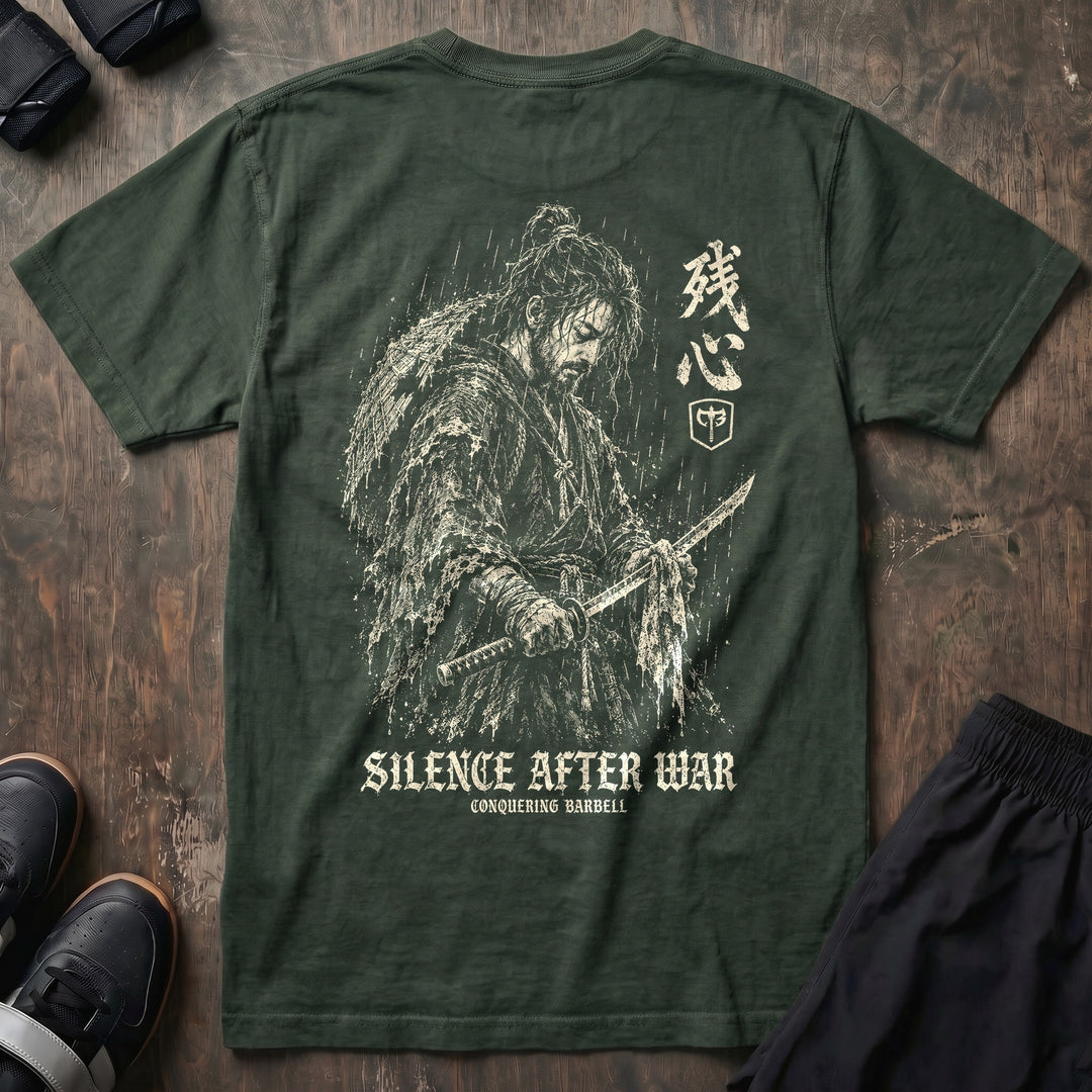 Silence After War - Relaxed Fit Tee back graphic in Moss with rain-soaked samurai cleaning his katana - Conquering Barbell