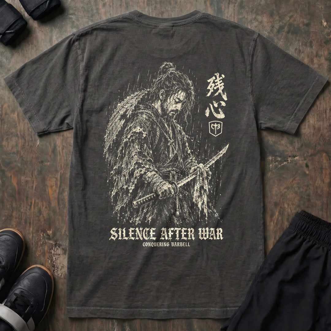 Silence After War - Relaxed Fit Tee back graphic in Pepper with rain-soaked samurai cleaning his katana - Conquering Barbell