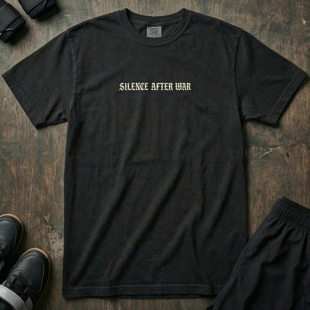 Silence After War Relaxed Fit Tee front view in Black with blackletter center-chest wordmark