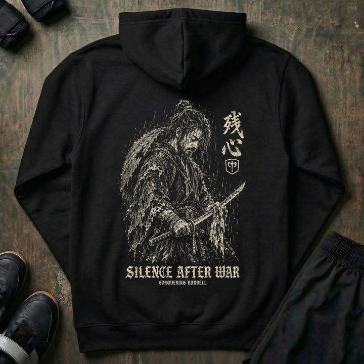 Silence After War - Pullover Hoodie back graphic in Black with rain-soaked samurai cleaning his katana - Conquering Barbell