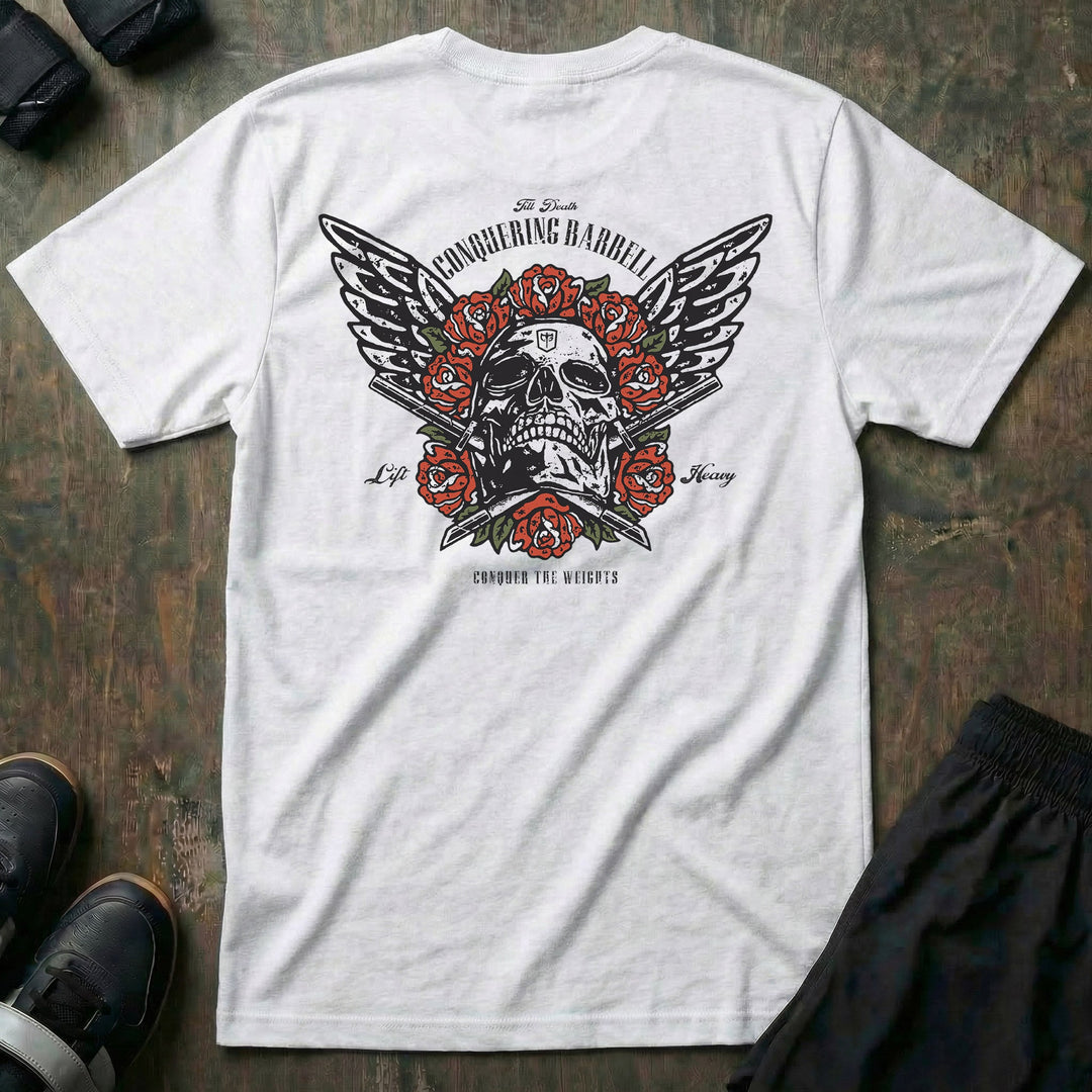Skull &amp; Roses tee in White: a winged skull crowned in traditional red roses above crossed barbell sleeves