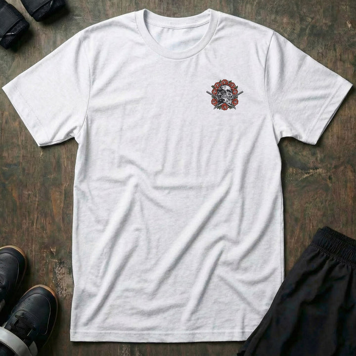 Skull &amp; Roses tee: a winged skull crowned in traditional red roses above crossed barbell sleeves