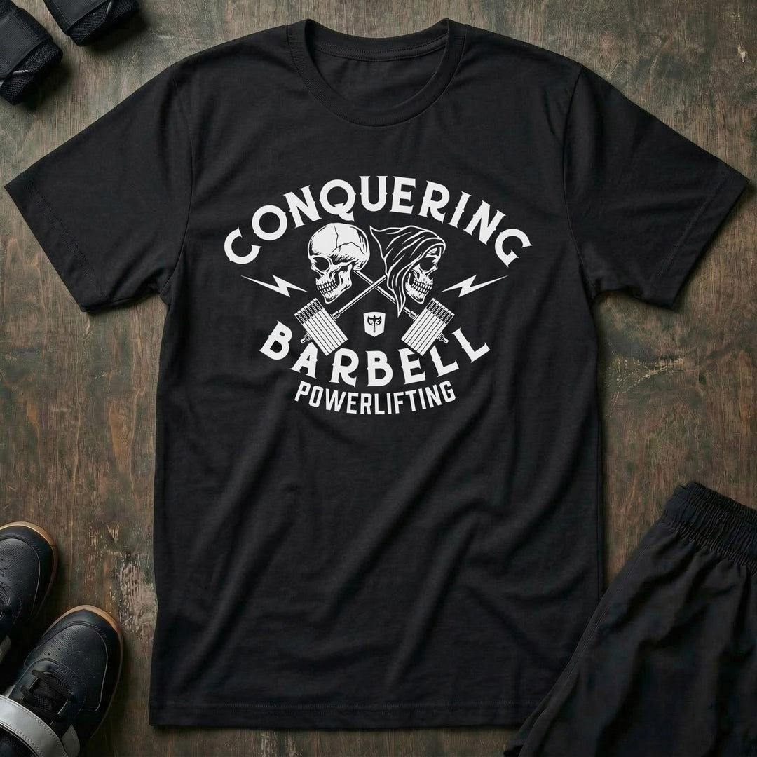 Skulls &amp; Barbells - on Black Tee - Conquering Barbell