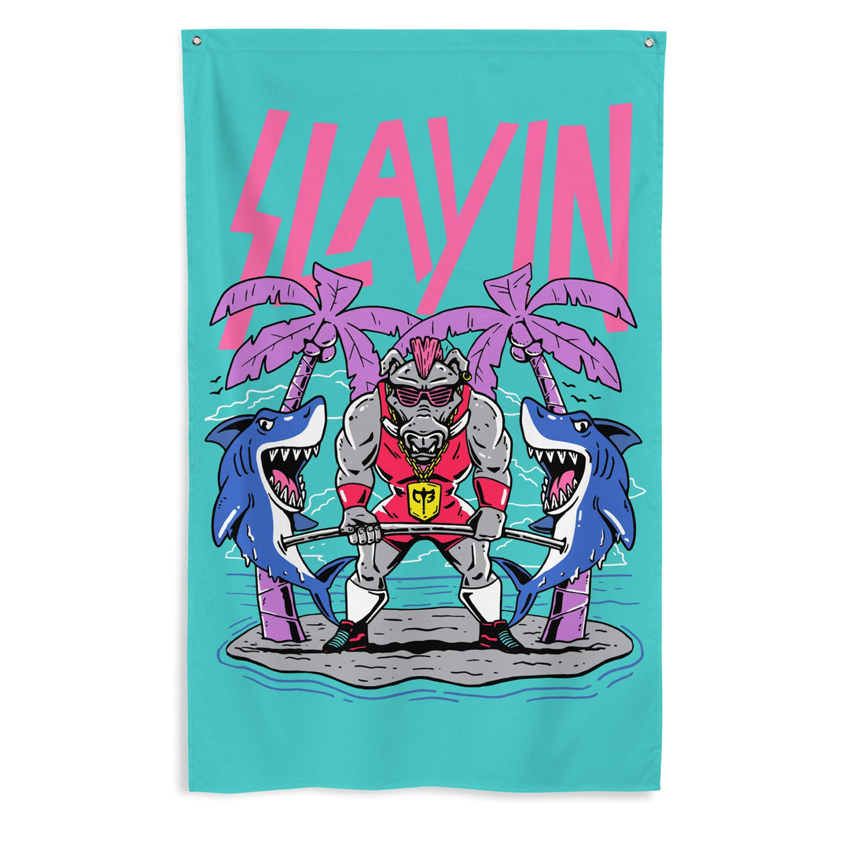 Slayin Flag - Polyester Flag, vertical gym flag hanging in a home gym - Conquering Barbell