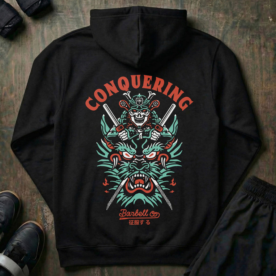 Slaying the Dragon - on Black Pullover Hoodie - Conquering Barbell