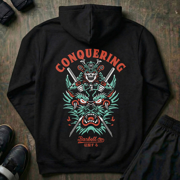 Slaying the Dragon - on Black Pullover Hoodie - Conquering Barbell