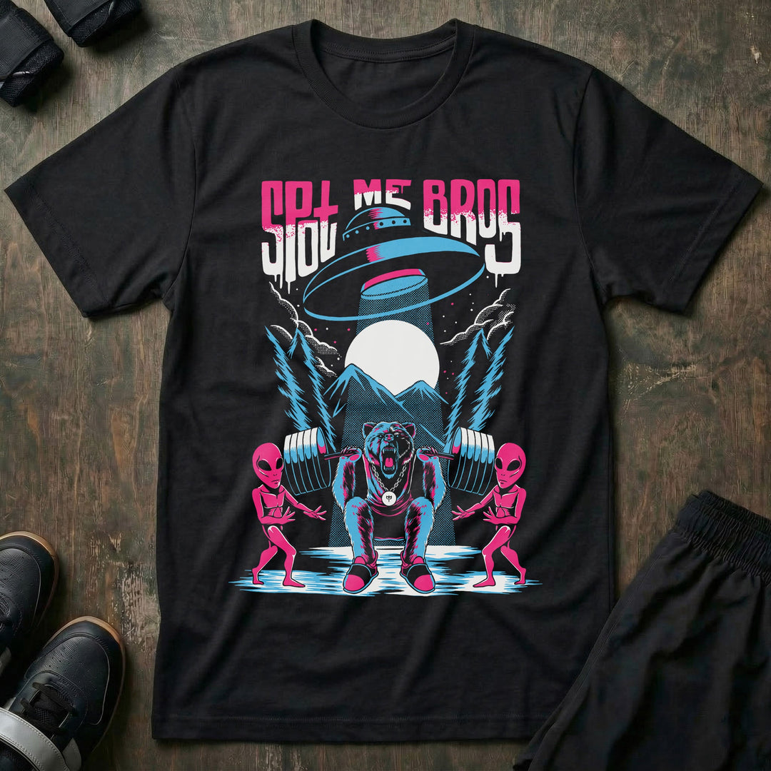 Spot Me Bros tee in Black: a lifter under a heavy squat with two pink aliens spotting