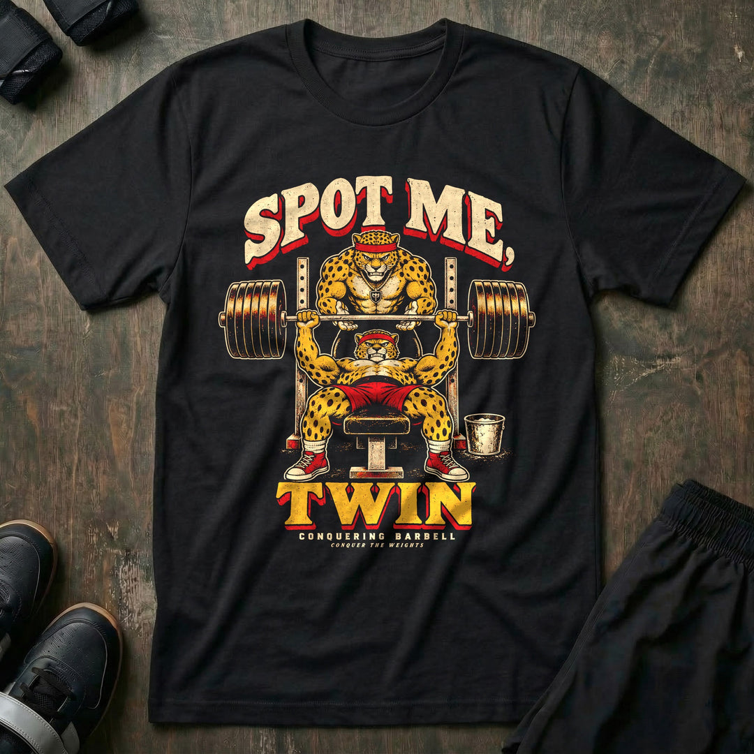 Spot Me Twin - Tee front graphic in Black with twin leopards in headbands at the bench press, one lifting and one spotting - Conquering Barbell