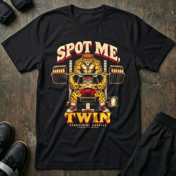 Spot Me Twin - Tee front graphic in Black with twin leopards in headbands at the bench press, one lifting and one spotting - Conquering Barbell