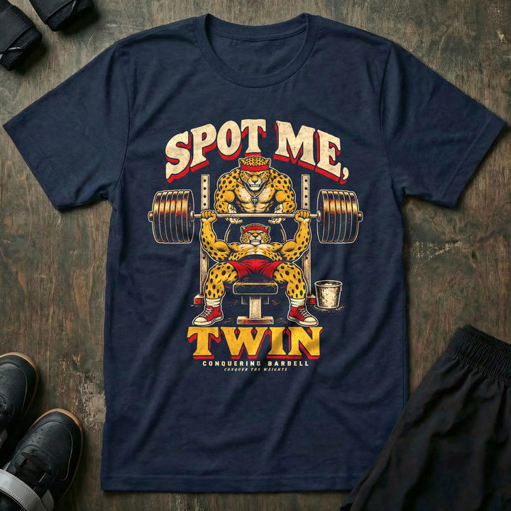 Spot Me Twin - Tee front graphic in Navy with twin leopards in headbands at the bench press, one lifting and one spotting - Conquering Barbell