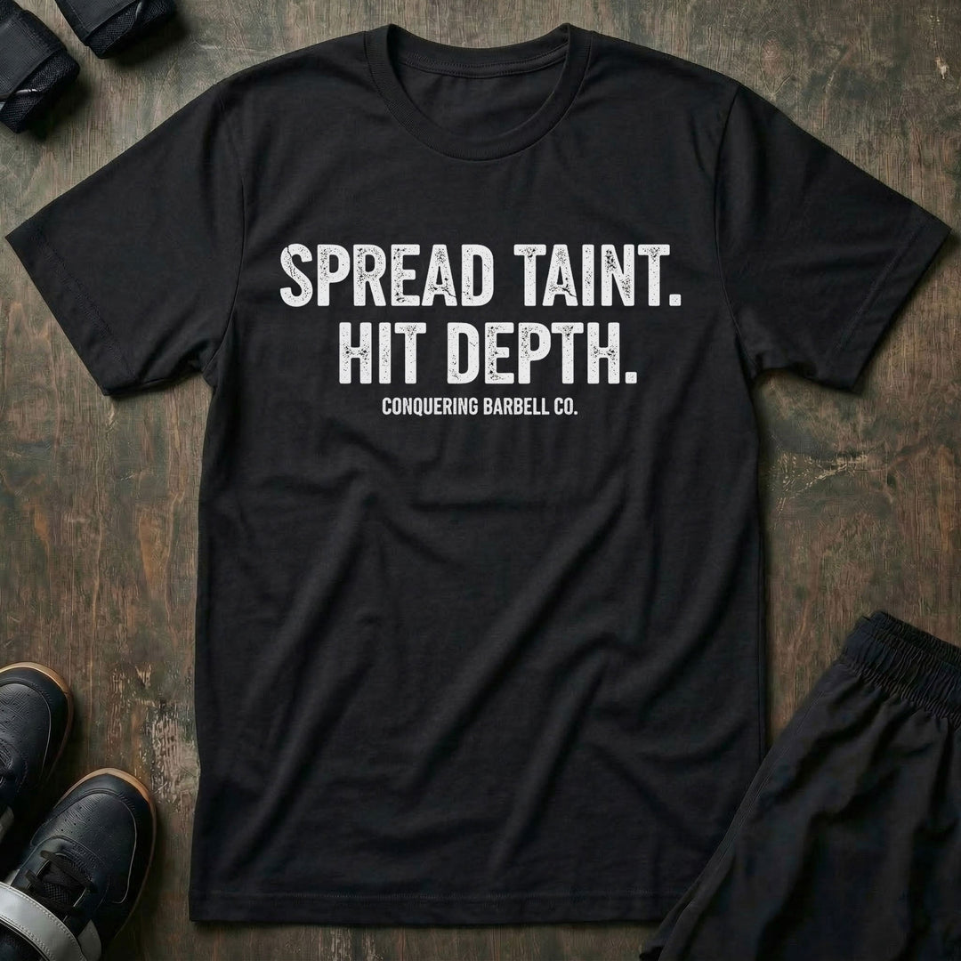 Spread Taint. Hit Depth. - Black Tee - Conquering Barbell