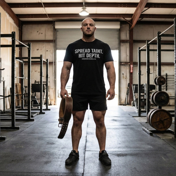 Spread Taint. Hit Depth. - Black Tee - Conquering Barbell