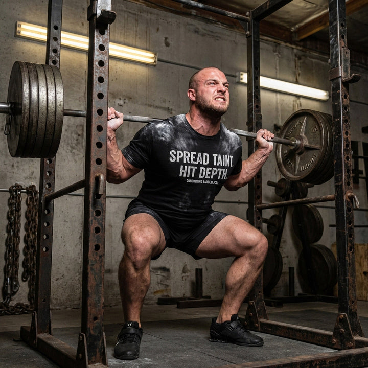 Spread Taint. Hit Depth. - Black Tee - Conquering Barbell