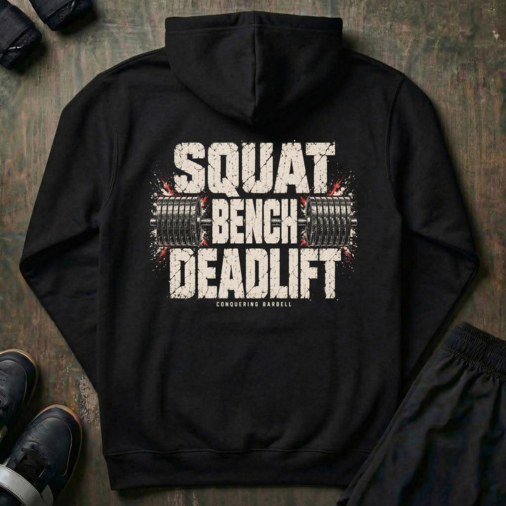 Squat Bench Deadlift - Barbell Lockup - Pullover Hoodie - back print on black