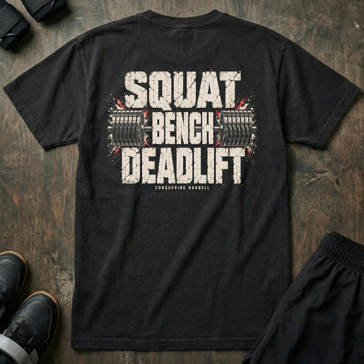 Squat Bench Deadlift - Barbell Lockup - Relaxed Fit Tee - back print on black
