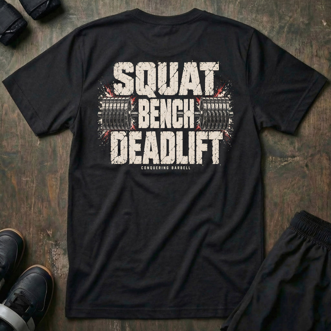 Squat Bench Deadlift - Barbell Lockup - Tee - back print on black