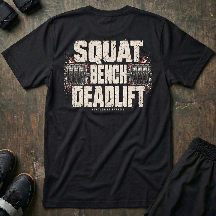Squat Bench Deadlift - Barbell Lockup - Tee - back print on black