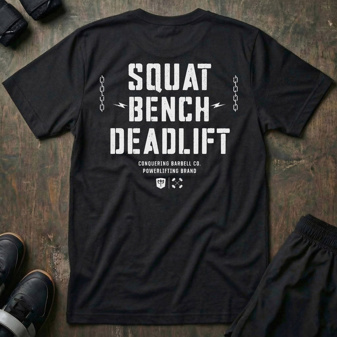 Squat Bench Deadlift Chains tee in Black: SQUAT BENCH DEADLIFT in oversized distressed block lettering stacked down the back