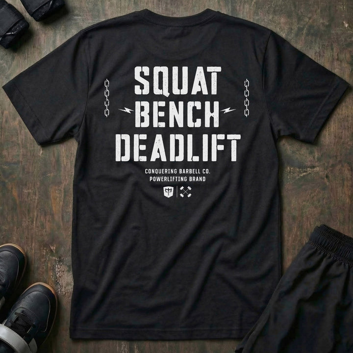 Squat Bench Deadlift Chains tee in Black: SQUAT BENCH DEADLIFT in oversized distressed block lettering stacked down the back