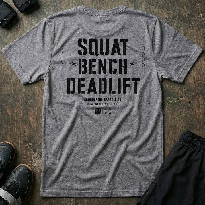 Squat Bench Deadlift Chains tee in Heather Grey: SQUAT BENCH DEADLIFT in oversized distressed block lettering stacked down