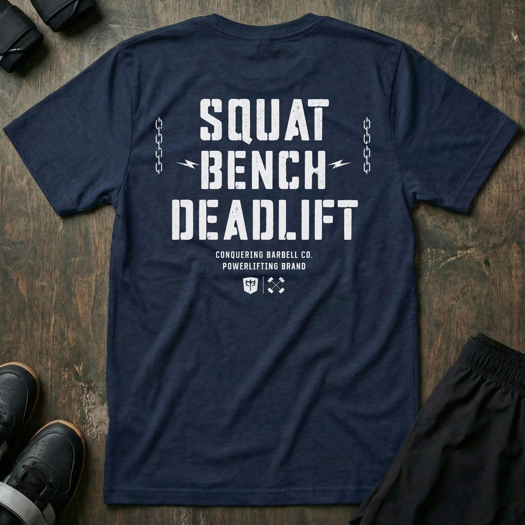 Squat Bench Deadlift Chains tee in Navy: SQUAT BENCH DEADLIFT in oversized distressed block lettering stacked down the back