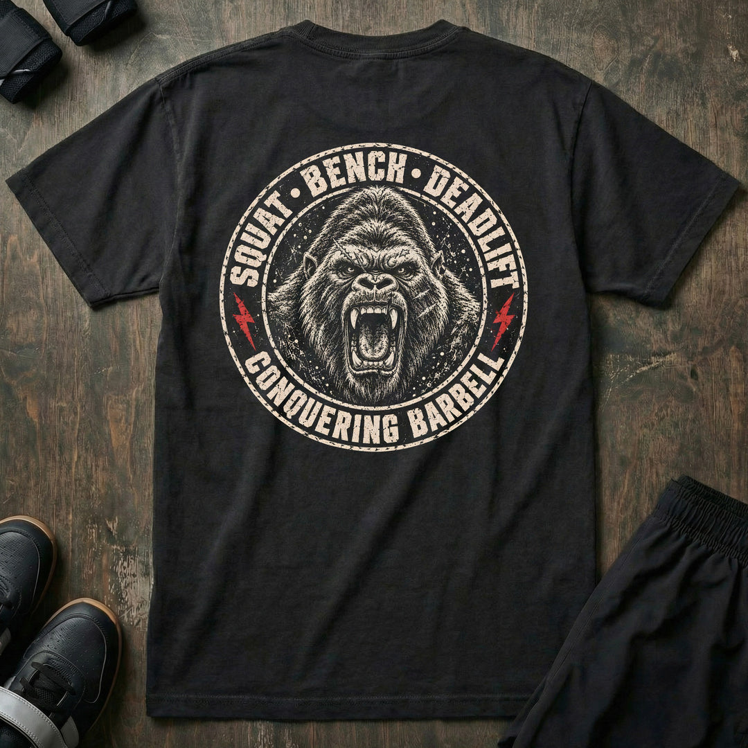 Squat Bench Deadlift - Gorilla Badge - Relaxed Fit Tee - back print on black