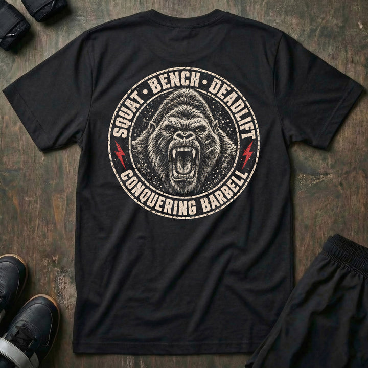 Squat Bench Deadlift - Gorilla Badge - Tee - back print on black