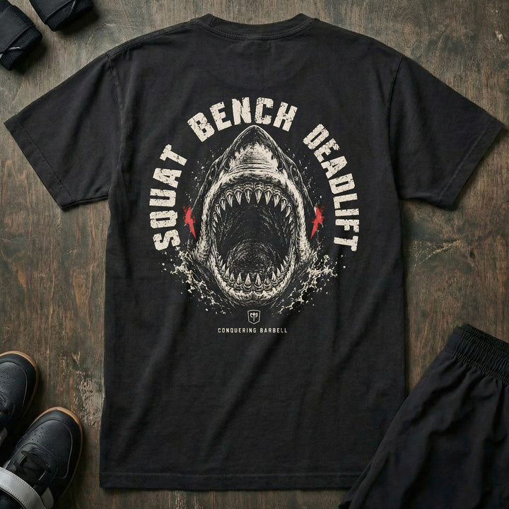Squat Bench Deadlift - Great White Shark - Relaxed Fit Tee - back print on black