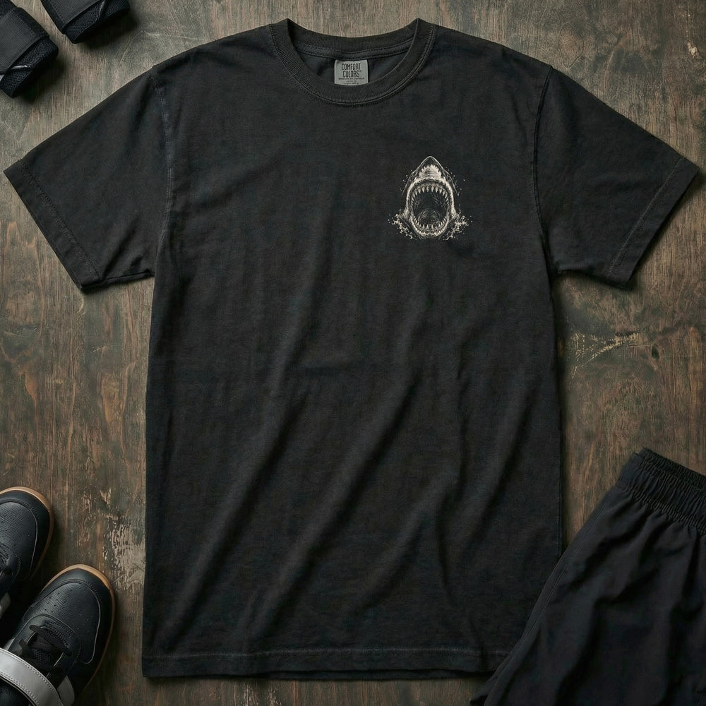Squat Bench Deadlift - Great White Shark - Relaxed Fit Tee - left chest print on black
