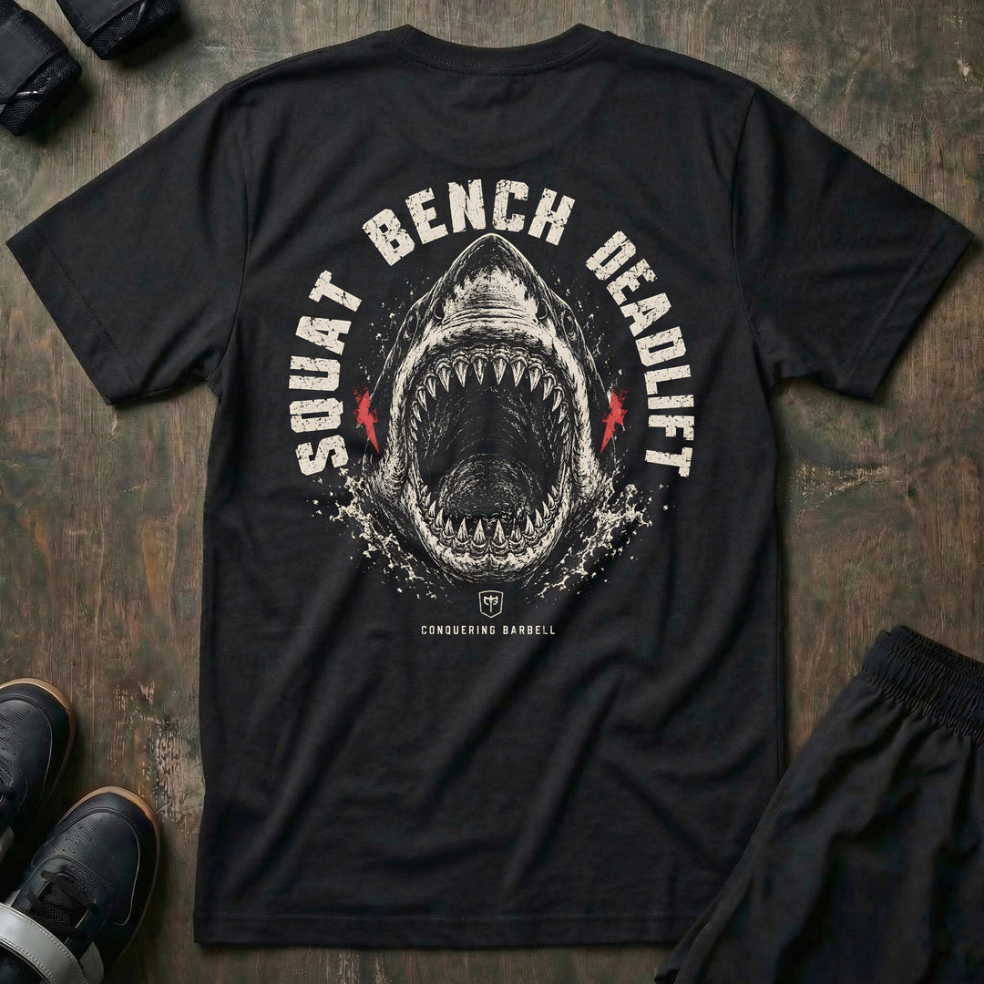 Squat Bench Deadlift - Great White Shark - Tee - back print on black