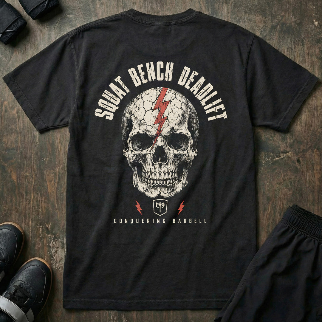 Squat Bench Deadlift - Lightning Skull - Relaxed Fit Tee - back print on black