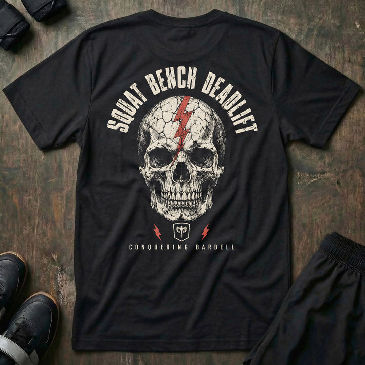 Squat Bench Deadlift - Lightning Skull - Tee - back print on black