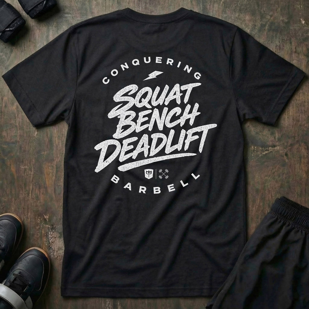 Squat Bench Deadlift Lightning tee in Black: SQUAT BENCH DEADLIFT in bold brush-style lettering stacked down the back