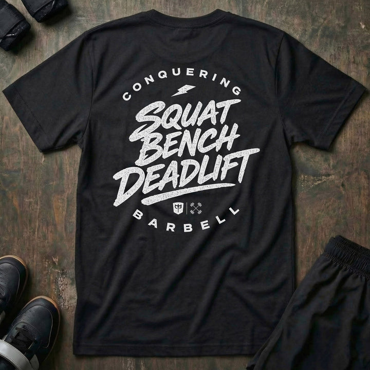 Squat Bench Deadlift Lightning tee in Black: SQUAT BENCH DEADLIFT in bold brush-style lettering stacked down the back