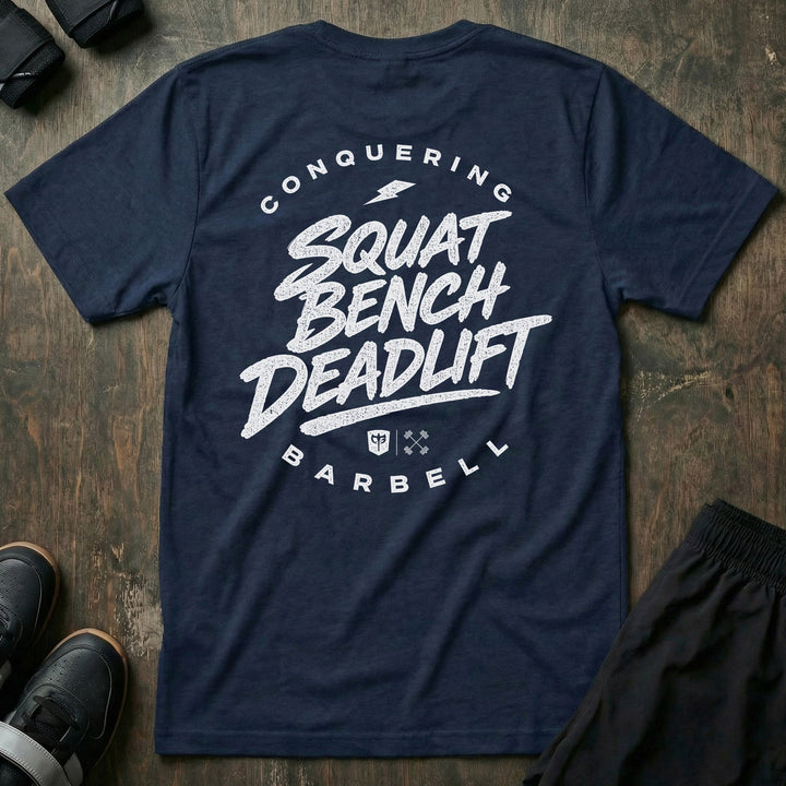 Squat Bench Deadlift Lightning tee in Navy: SQUAT BENCH DEADLIFT in bold brush-style lettering stacked down the back