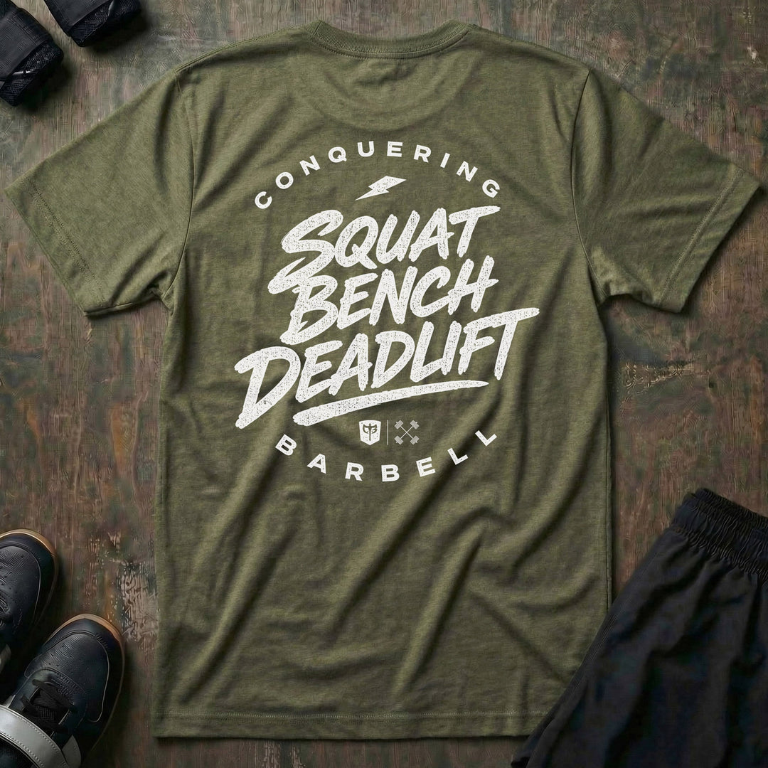 Squat Bench Deadlift Lightning tee in Military: SQUAT BENCH DEADLIFT in bold brush-style lettering stacked down the back