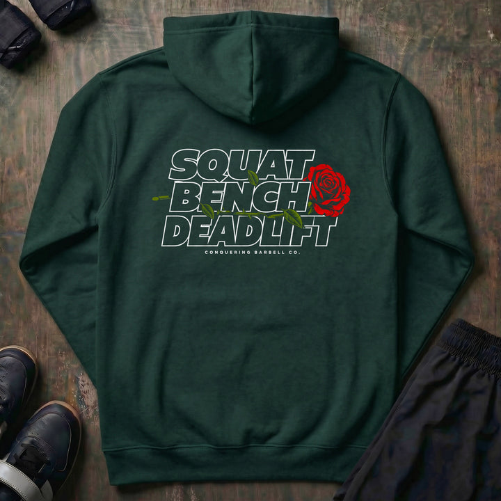 Squat Bench Deadlift - Rose pullover hoodie in Alpine Green, back print