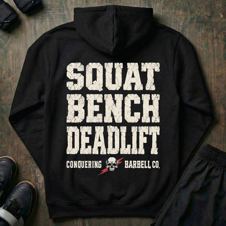 Squat Bench Deadlift - Stacked Skull - Pullover Hoodie - back print on black