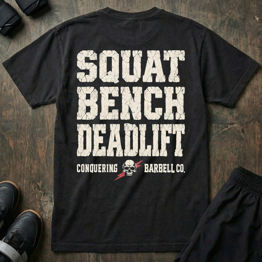 Squat Bench Deadlift - Stacked Skull - Relaxed Fit Tee - back print on black
