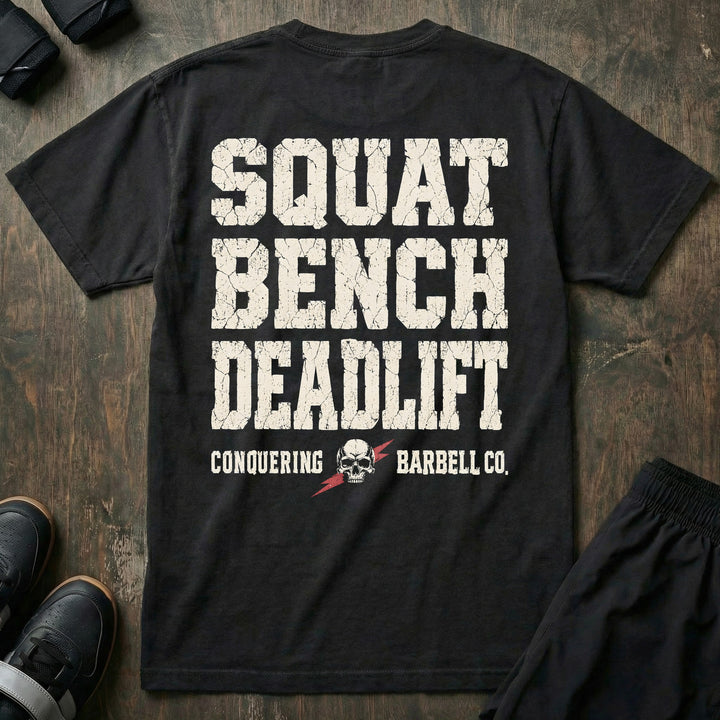 Squat Bench Deadlift - Stacked Skull - Relaxed Fit Tee - back print on black