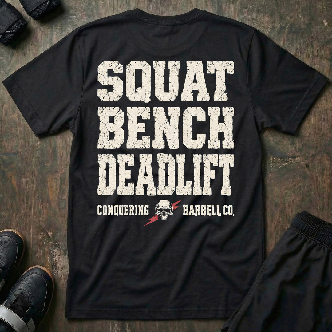 Squat Bench Deadlift - Stacked Skull - Tee - back print on black
