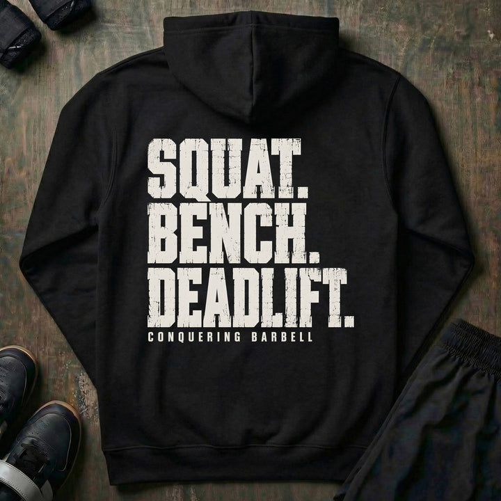 Squat Bench Deadlift - Varsity Block - Pullover Hoodie - back print on black