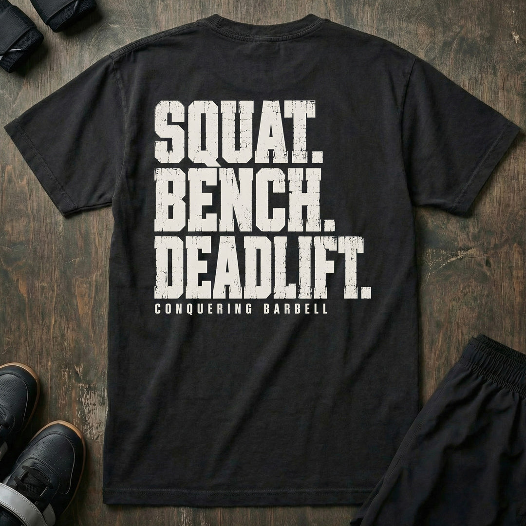 Squat Bench Deadlift - Varsity Block - Relaxed Fit Tee - back print on black