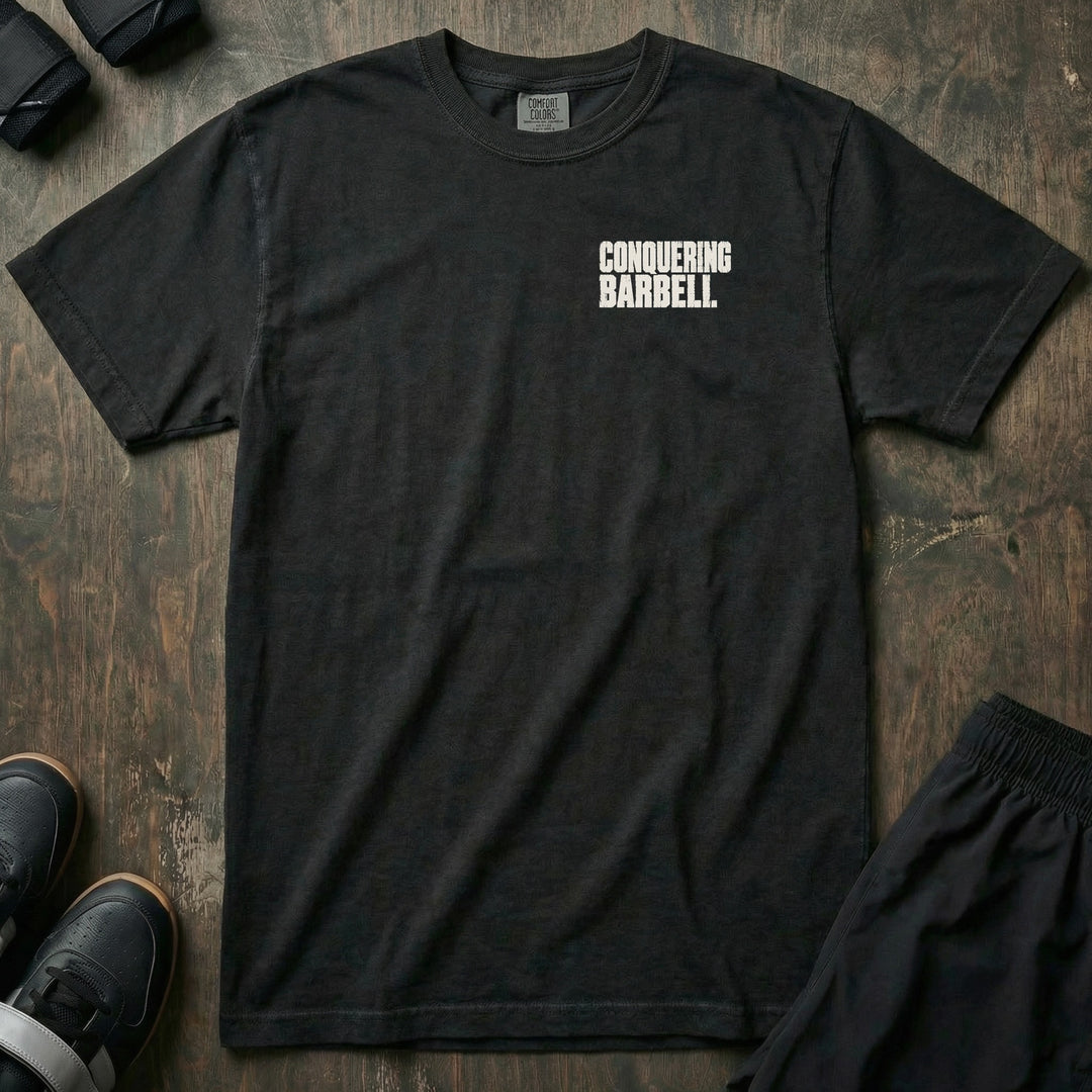 Squat Bench Deadlift - Varsity Block - Relaxed Fit Tee - left chest print on black