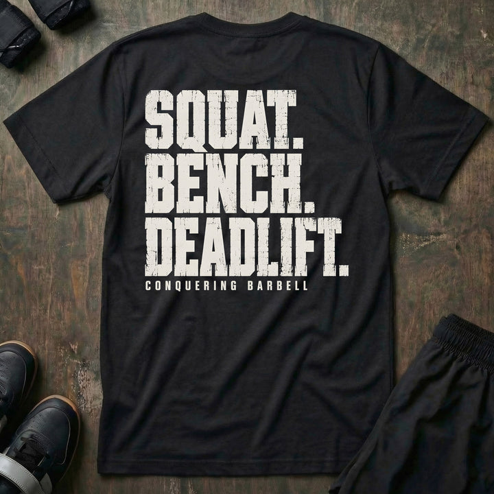 Squat Bench Deadlift - Varsity Block - Tee - back print on black