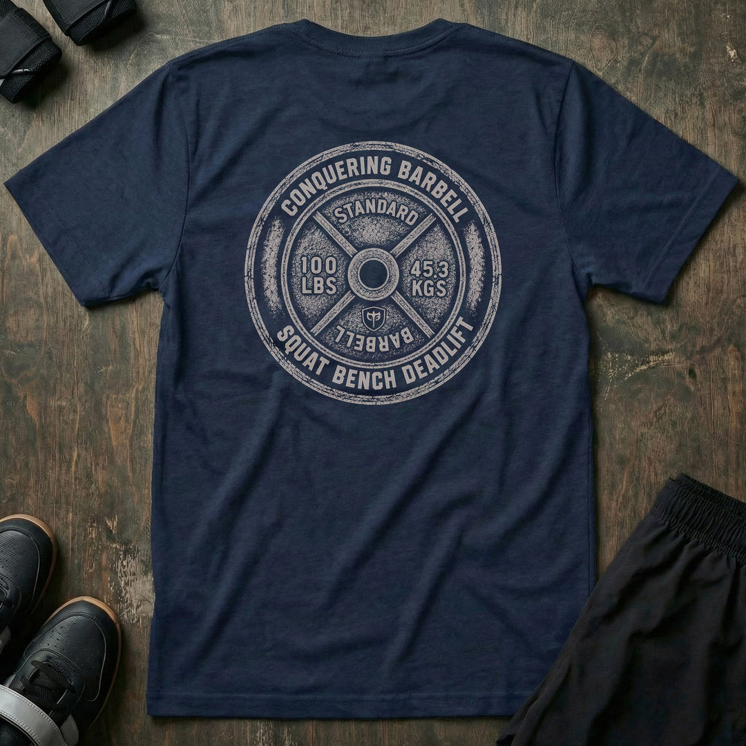 Squat Bench Deadlift Weight Plate tee in Navy: a massive distressed 100 lb plate with STANDARD stamped at the top
