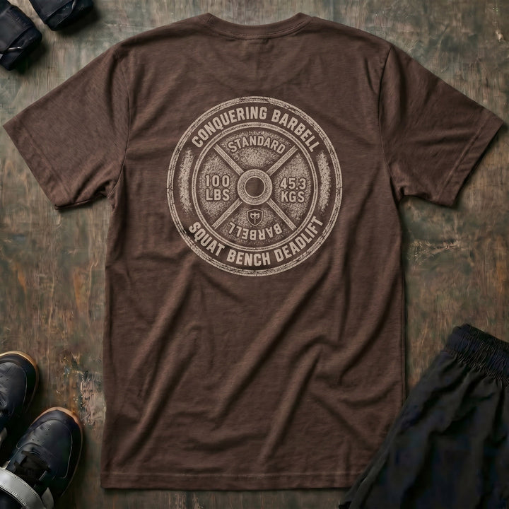 Squat Bench Deadlift Weight Plate tee in Expresso: a massive distressed 100 lb plate with STANDARD stamped at the top