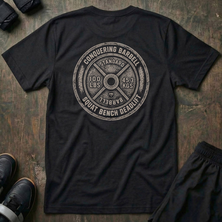 Squat Bench Deadlift Weight Plate tee in Black: a massive distressed 100 lb plate with STANDARD stamped at the top