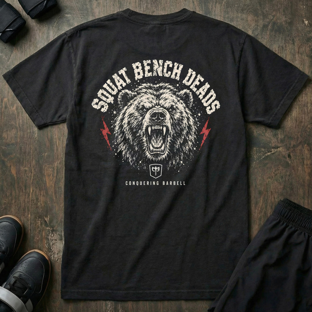 Squat Bench Deads - Grizzly - Relaxed Fit Tee - back print on black